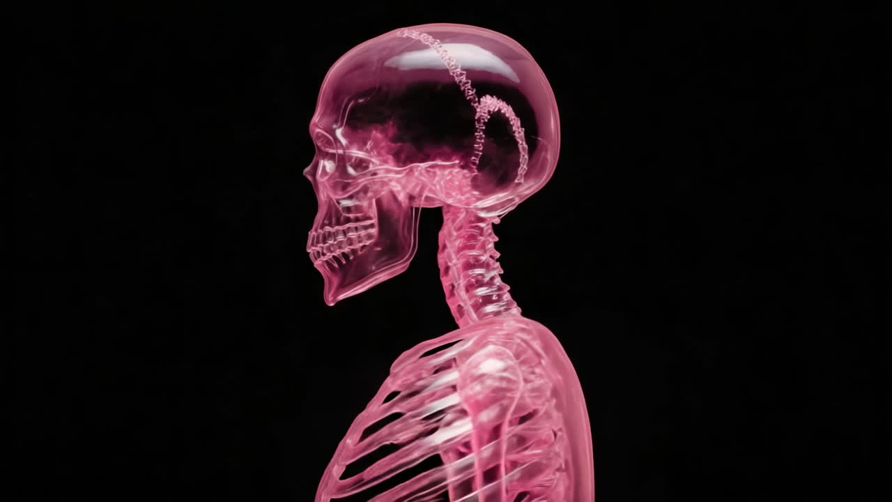 A Stunning Examination of a Transparent Pink Skeleton Showcasing the Intricacies of Human Anatomy Against a Dark Background