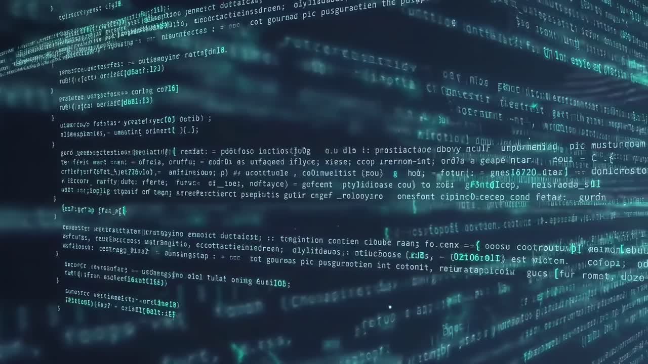 Close-up video of computer code on a screen, angled slightly to the right, in a digital style
