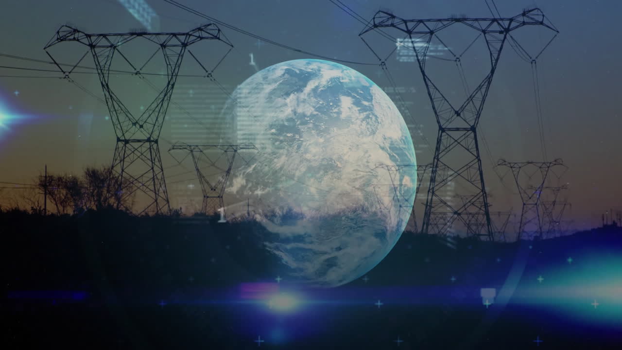 Earth with data processing animation over power lines and financial statistics