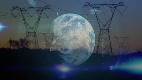 Earth-with-data-processing-animation-over-power-lines-and-financial-statistics