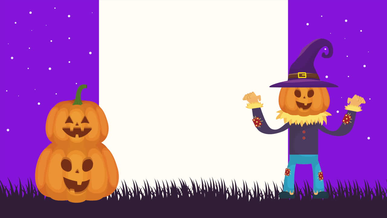 scena oscura di halloween con personaggi di zucche