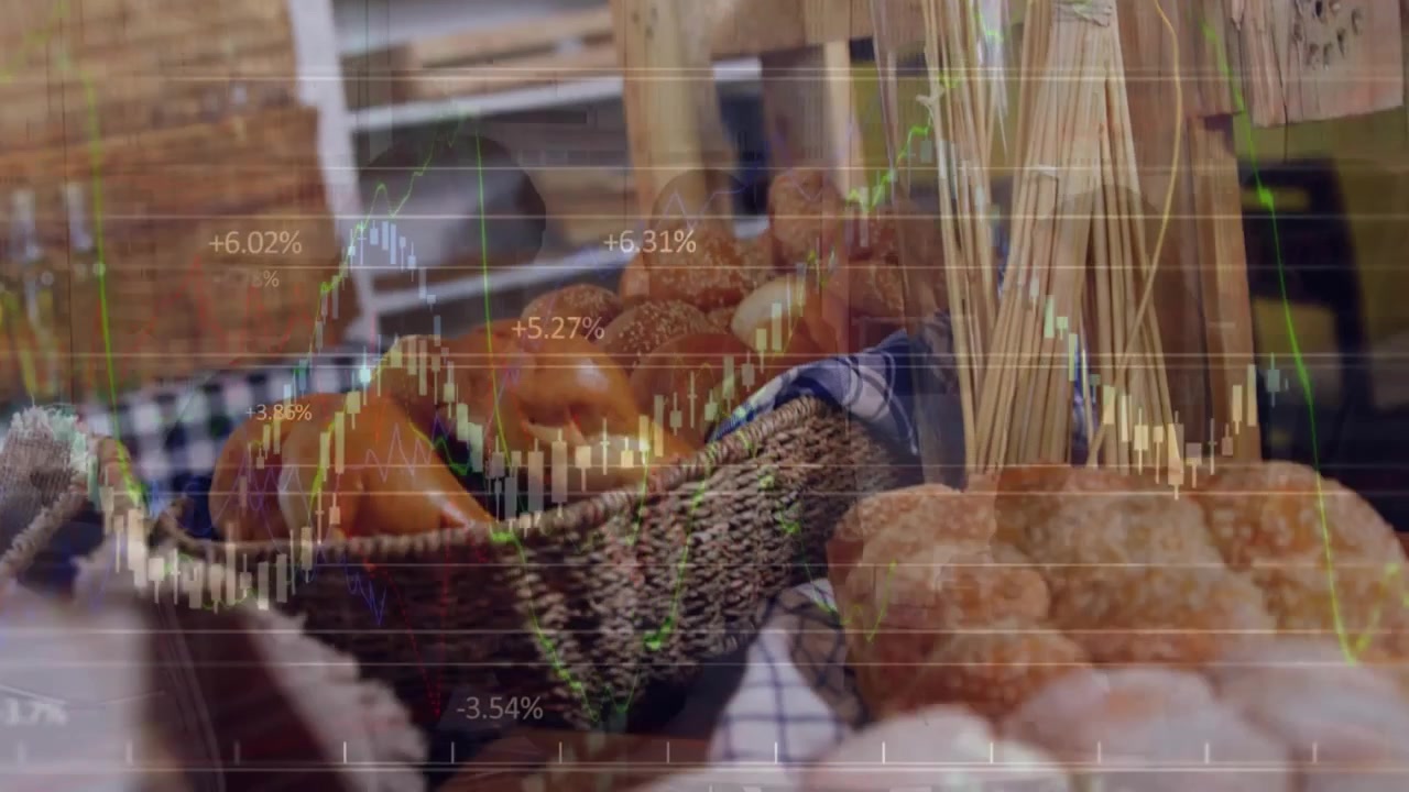 Animación de procesamiento de datos financieros sobre un globo terráqueo contra un primer plano de productos alimenticios en una panadería