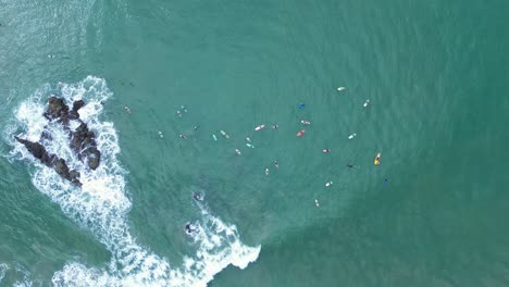 aerial view of surfers in the ocean