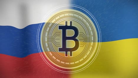 Animation-Von-Bitcoin-Symbolen-über-Russischen-Und-Ukrainischen-Flaggen