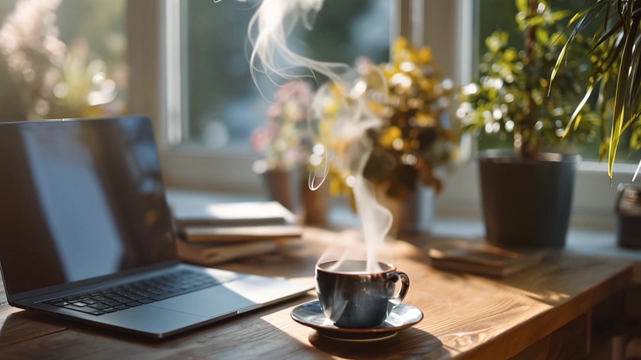 Café quente fumegante ao lado de um laptop em uma mesa ensolarada.
