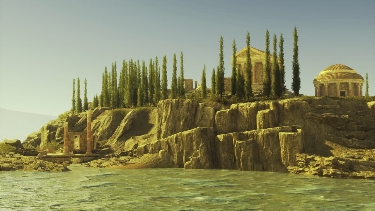 Ancient ruins on a coastal cliff under a clear sky during golden hour