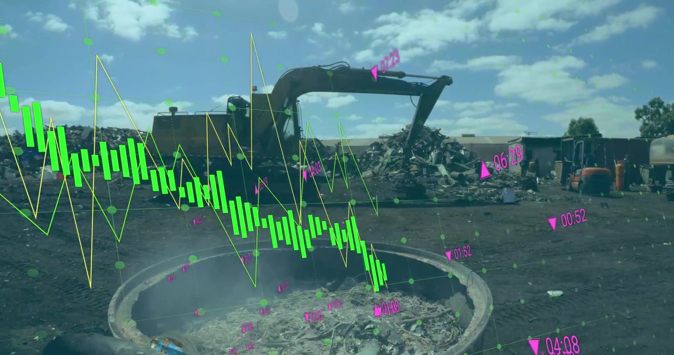 Animation of graphs and numbers over crane and forklift in dumping ground against cloudy sky