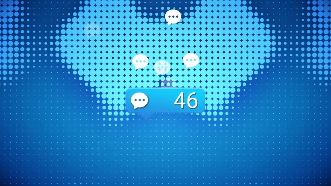 파란색 배경의 모양 위에 점점 더 많은 수의 음성 거품 아이콘의 애니메이션