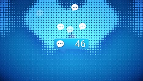 Animation-of-speech-bubble-icons-with-growing-number-over-shapes-on-blue-background