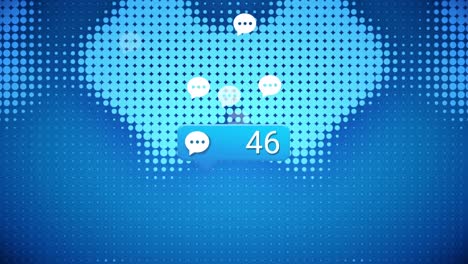 animation of speech bubble icons with growing number over shapes on blue background