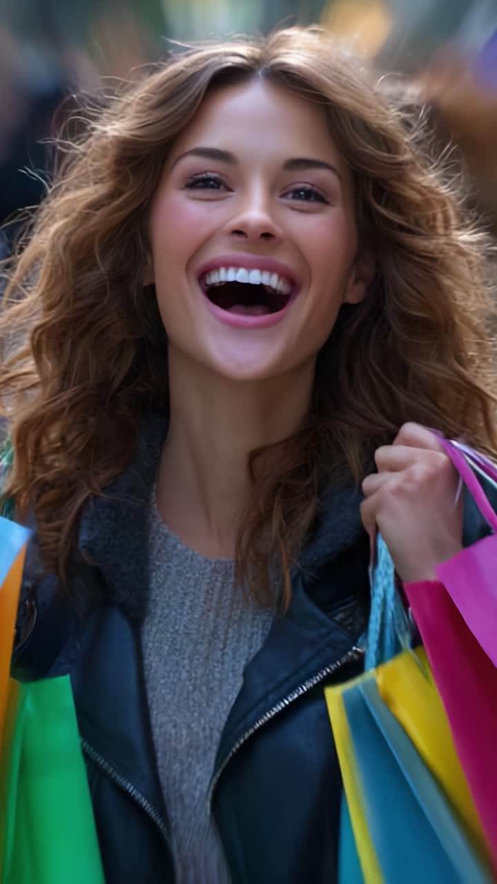 Joyful Shopping Spree: A Woman's Delightful Experience with Colorful Bags Captured in a Vibrant Urban Setting Reflecting Happiness and Style