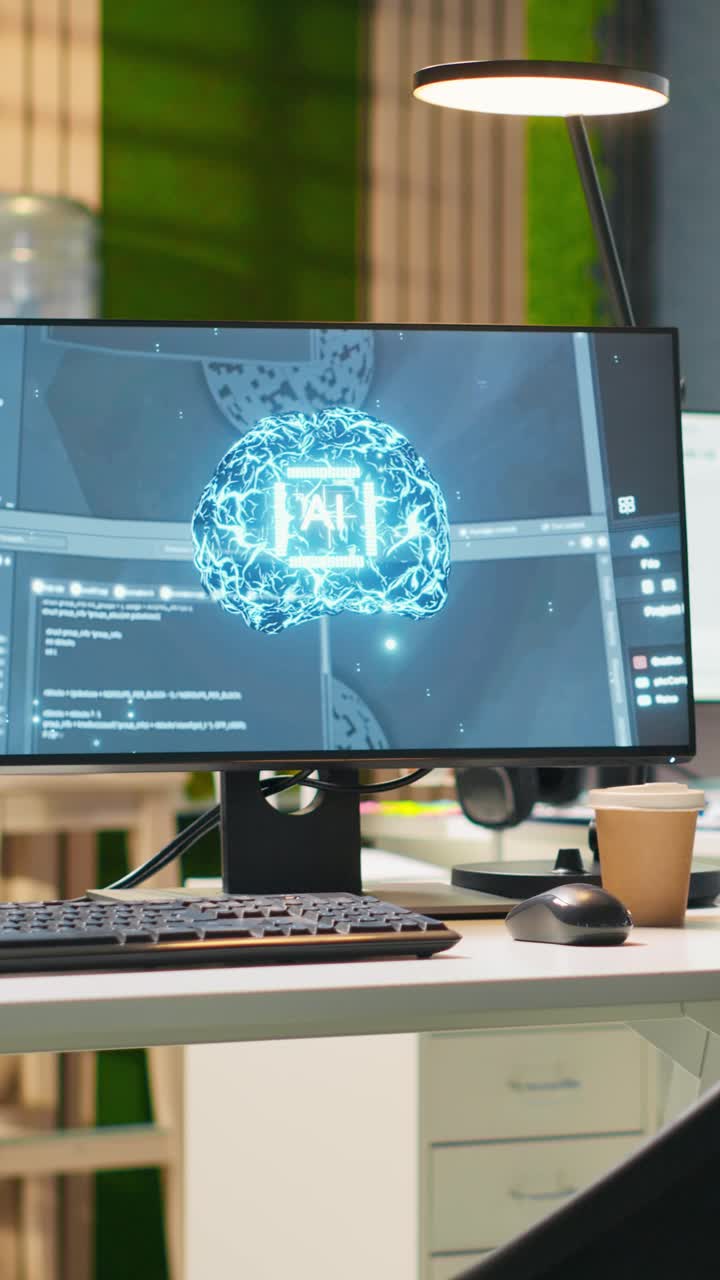 Vertical video Empty startup office with AI neural networks program running on PC monitors