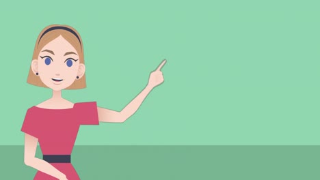 Animation-of-illustration-of-businesswoman-pointing-with-finger-and-copy-space-on-green-background