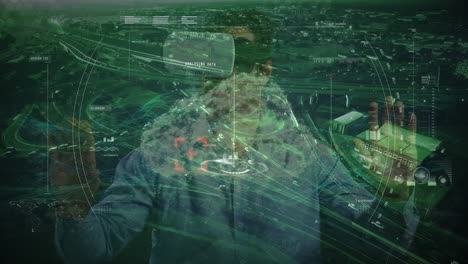 Animation of financial data processing over businessman wearing vr headsets