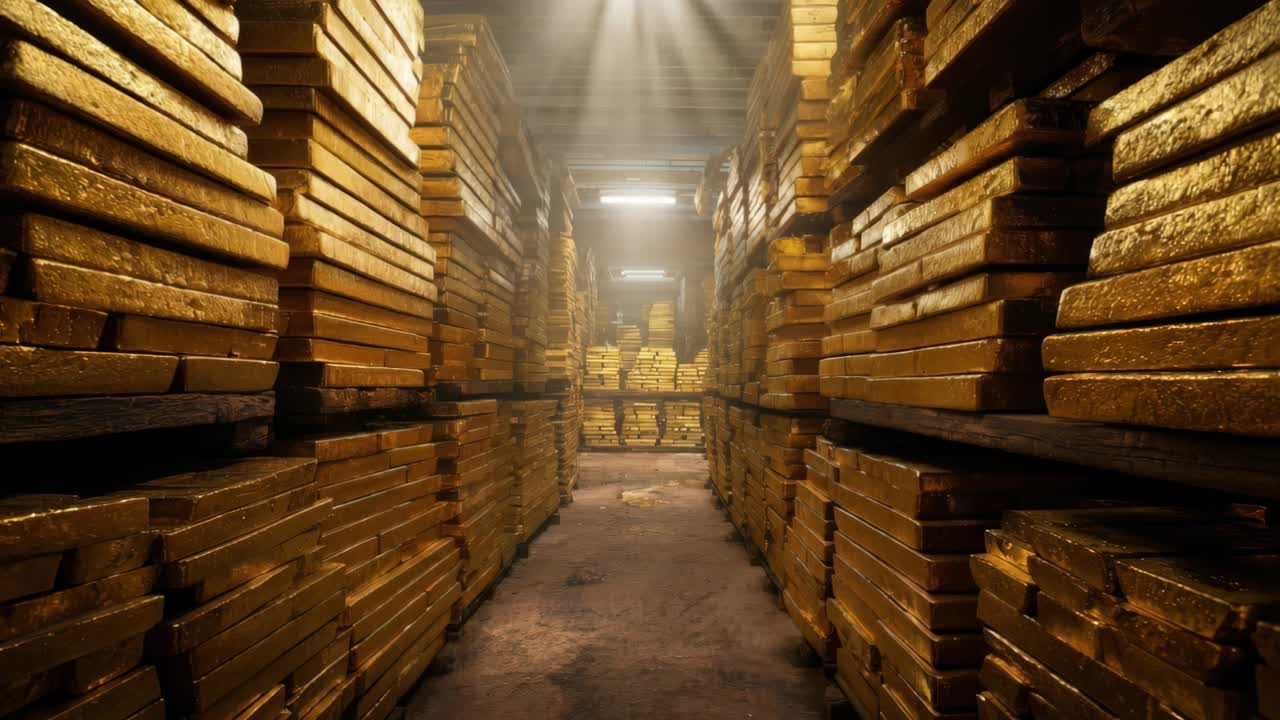 Mørklagt korridor med tårnhøje ædelmetalstakke og streng sikkerhed i nationale hvælvinger.