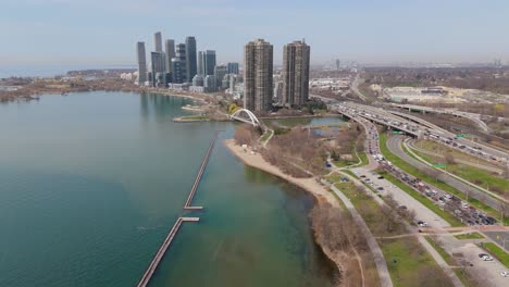 Palace Place Condominium Complex And Humber Bay Arch Bridge Near Parklawn Neighbourhood in Etobicoke, Toronto, Ontario, Canada. Aerial Drone shot