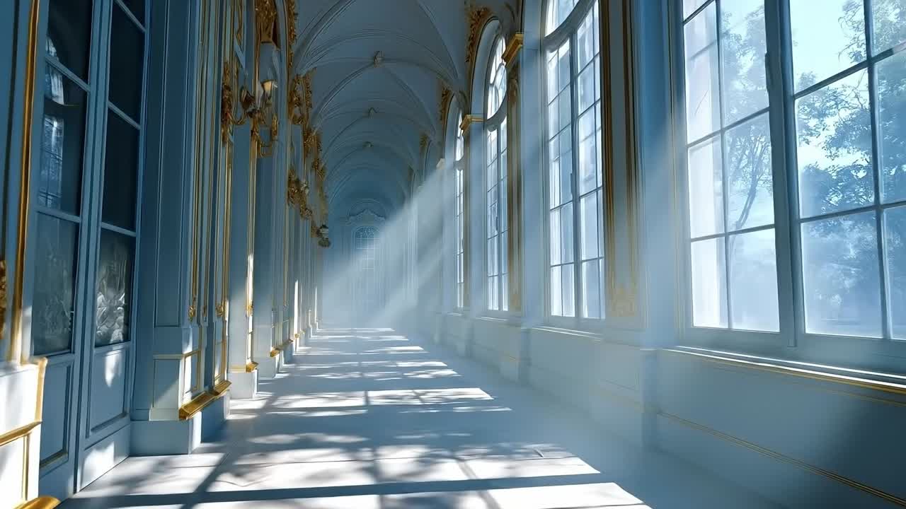 A long hallway in a building with a lot of windows