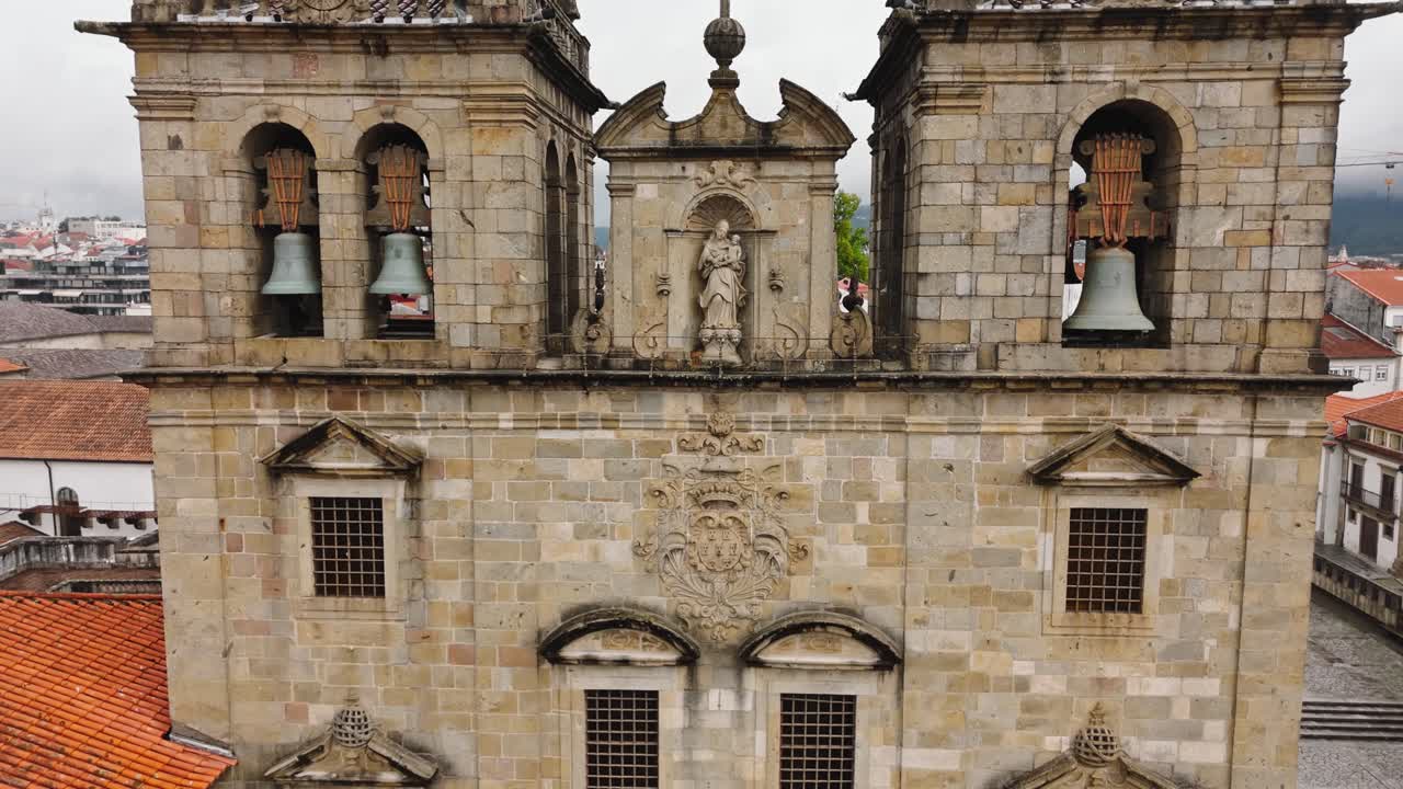 Historic Sé de Braga Cathedral in Braga, Portugal, with twin bell towers - aerial