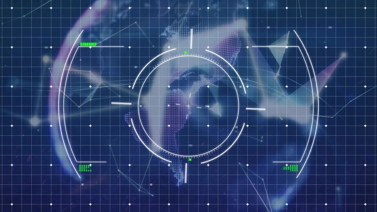 Animation of viewfinder, shapes and globe on blue background