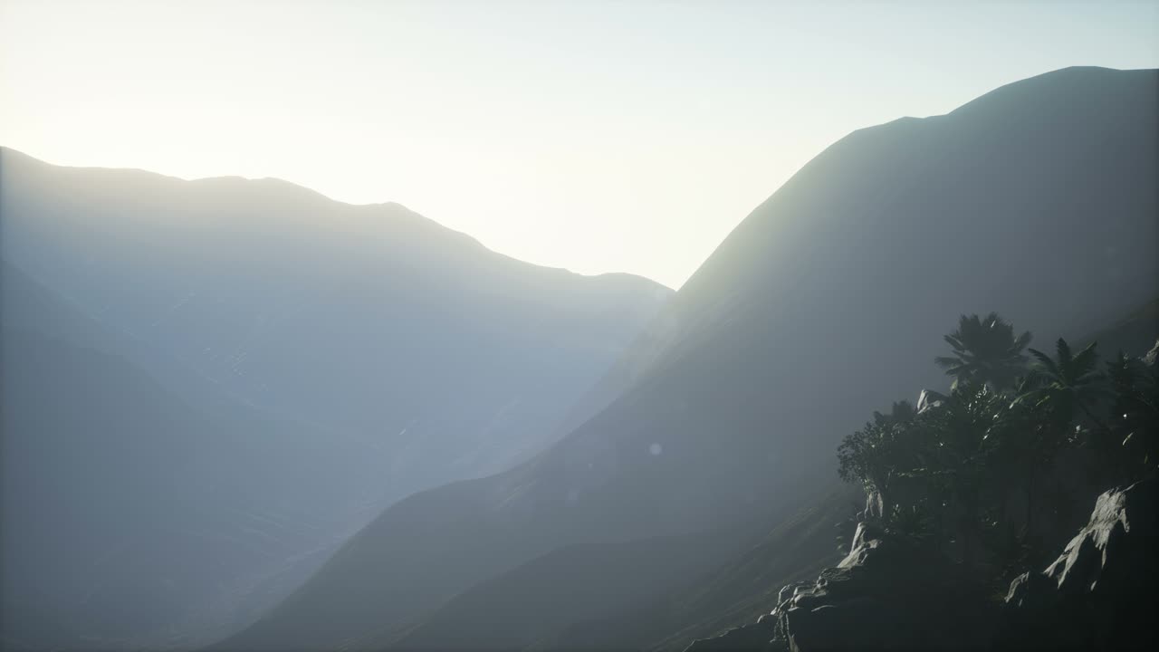 paisaje de montaña y campo con palmeras