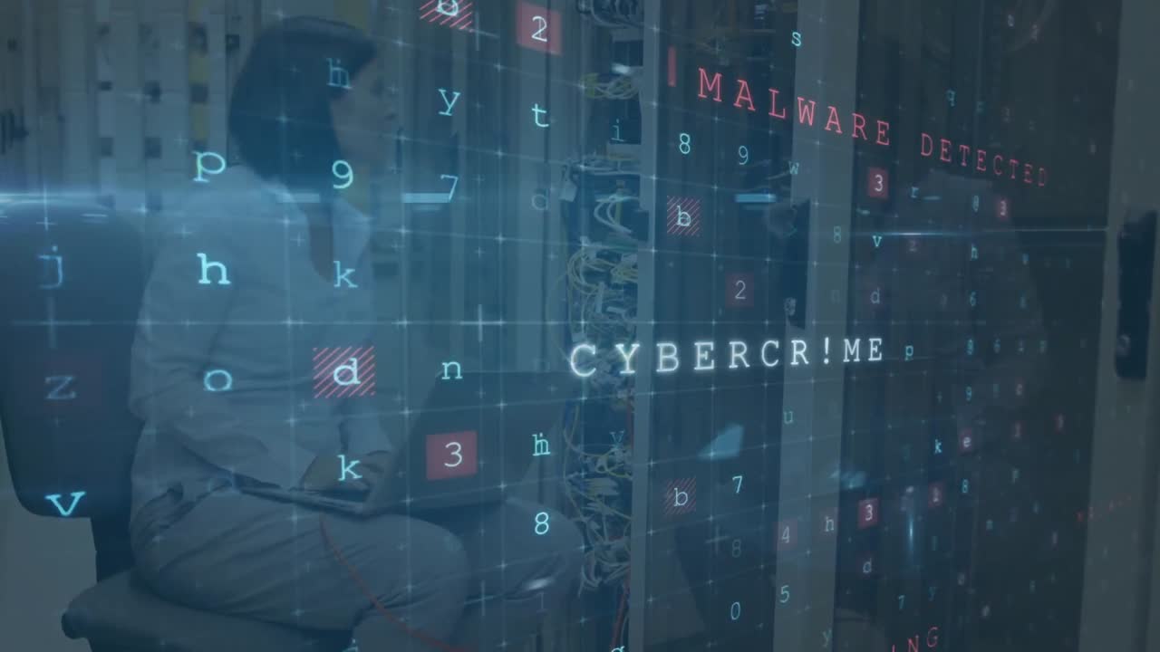 Animation of cyber attack text and data processing over caucasian female it technician with laptop