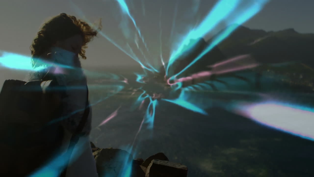 woman standing on cliff overlooking sea, with technology-themed data graphs floating around