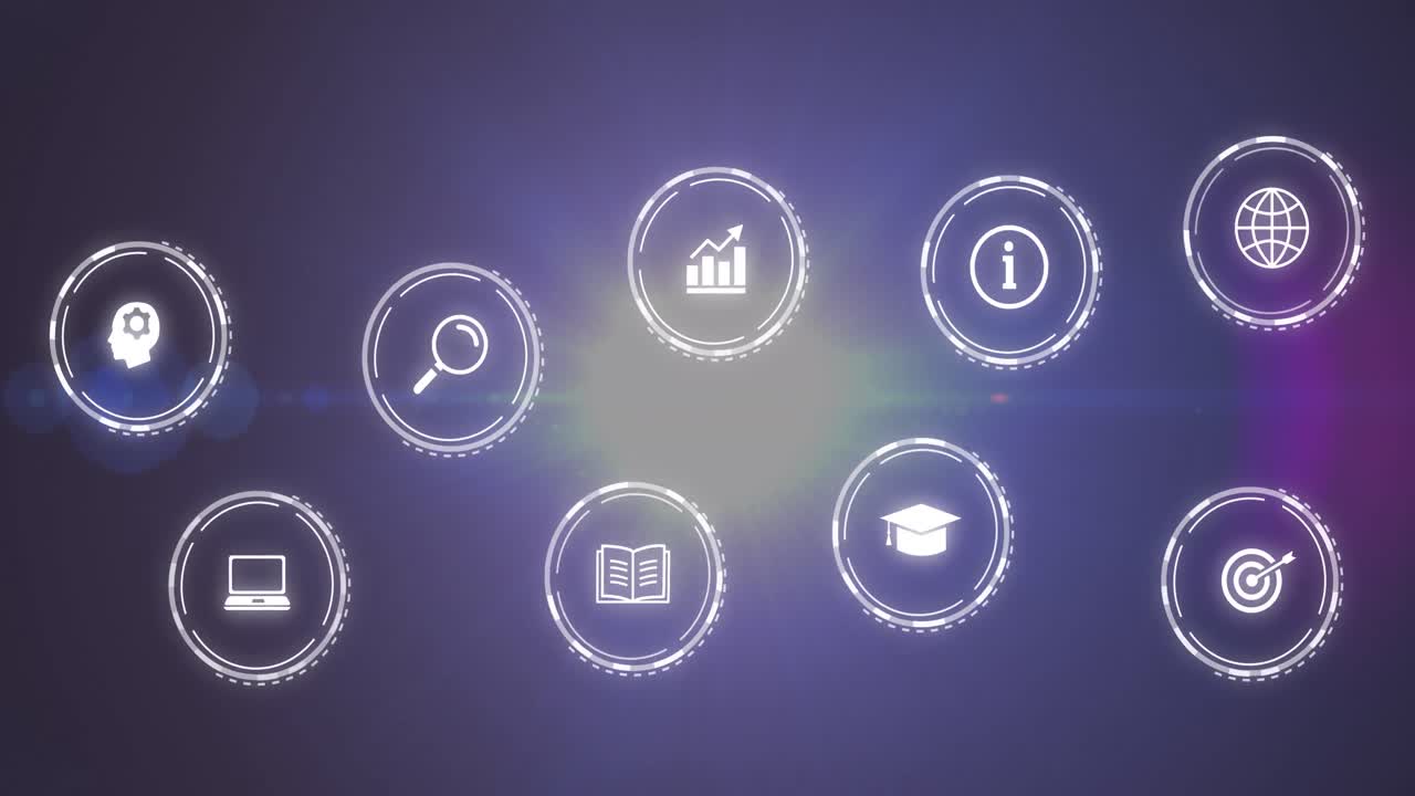 animación de múltiples iconos digitales sobre un punto de luz brillante contra un fondo púrpura.