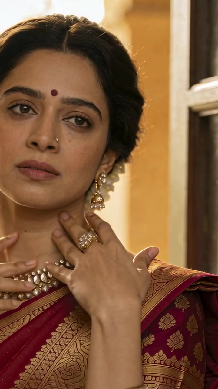 Vertikal video: Indisk kvinna blickar åt vänster, kontrollerar sin saree och justerar choker och jhumka vid en dörröppning.