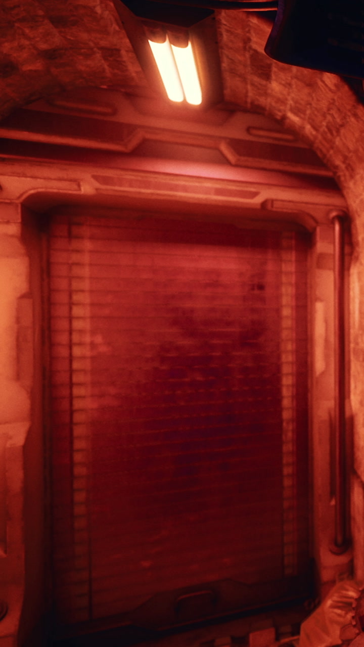 Old tunnel with glowing lights and metal door in an underground area