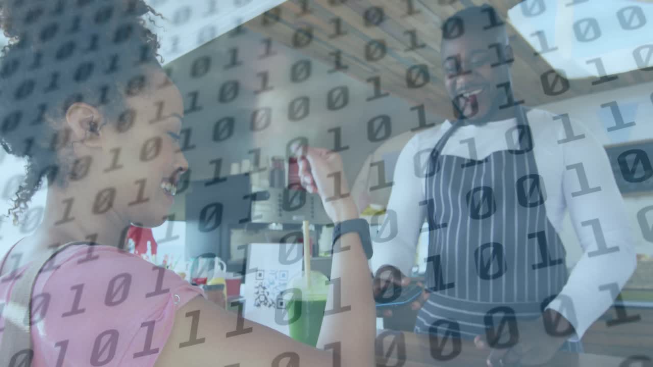 Animation of binary data processing over diverse smiling male food vendor serving female customer