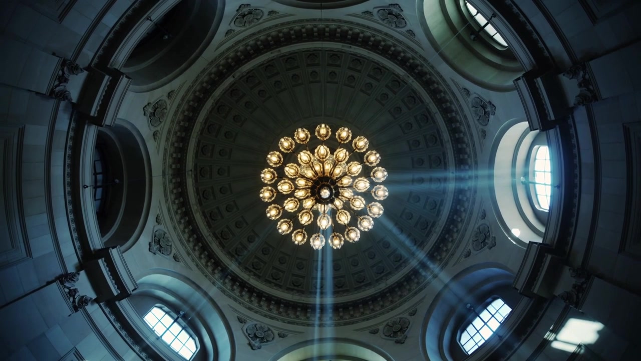 Telecamera che si inclina mantenendo il lampadario centrale al centro di una grande rotonda, con la luce del sole che forma fasci di luce in movimento.