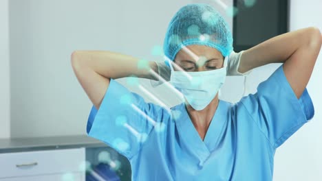 animación de una doctora caucásica con una máscara facial sobre una cadena de adn