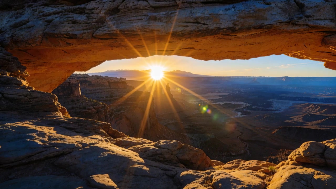 Rising sun sliding through sandstone arch at canyon vista, casting starburst rays and warming rocks