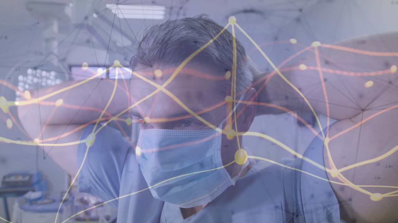 Adjusting mask, healthcare professional with network connections animation overlay