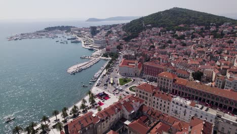 Spectacular-aerial-view-of-Split-port-old-town,-Croatia,-establishing-drone-shot