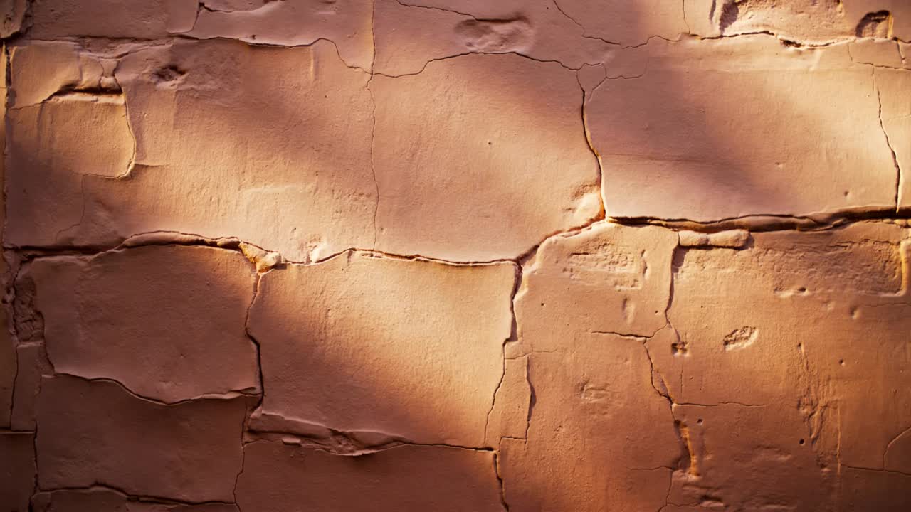 Sole calante che proietta un'ombra diagonale estesa su una parete esterna intonacata, rivelando delle crepe.