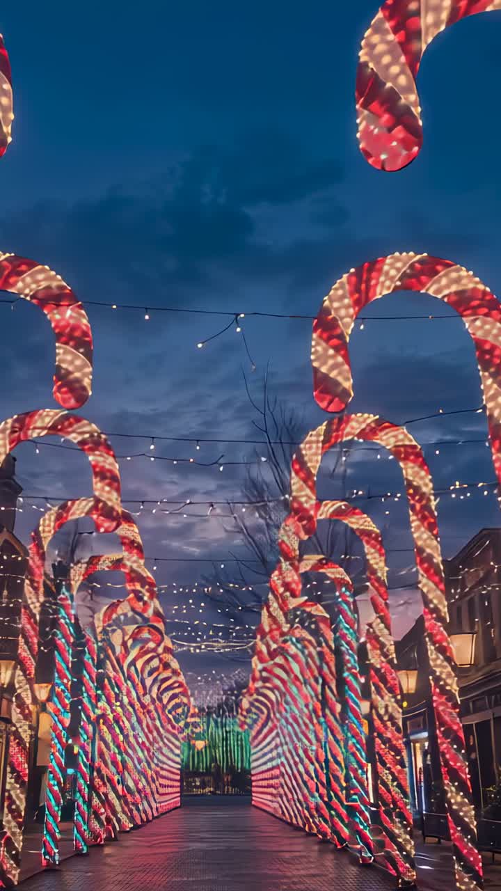 Vertical video: Tilting camera revealing dusk above festive street, showcasing candy-cane arches