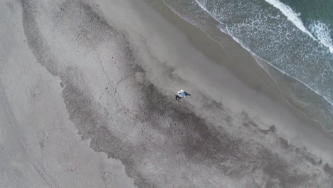 Luftbild-Eines-Jungen-Hochzeitspaares,-Das-Am-Strand-Sitzt