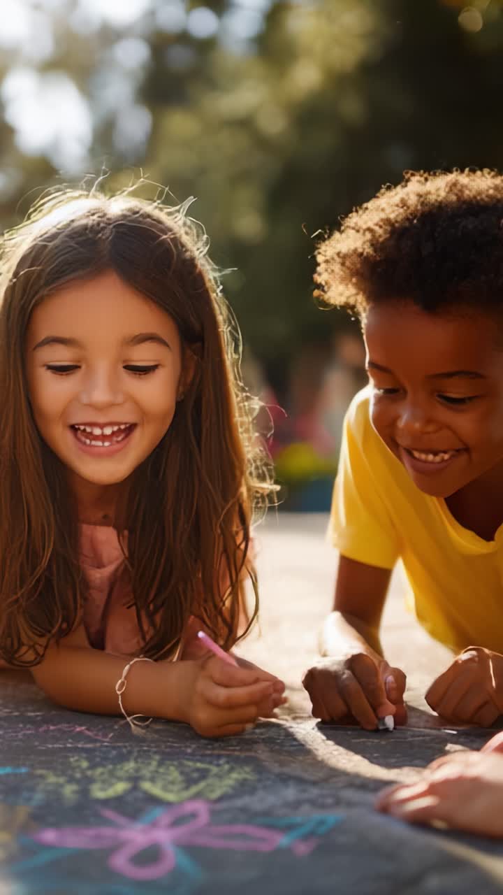 Crianças alegres desenhando com giz em um ambiente externo ensolarado, destacando a alegria da criatividade e da amizade durante as atividades de brincadeira