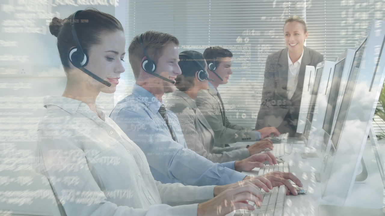 Animation of data processing over business people using phone headsets