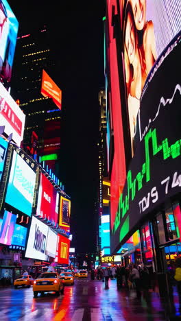 times square at night with stock market displays