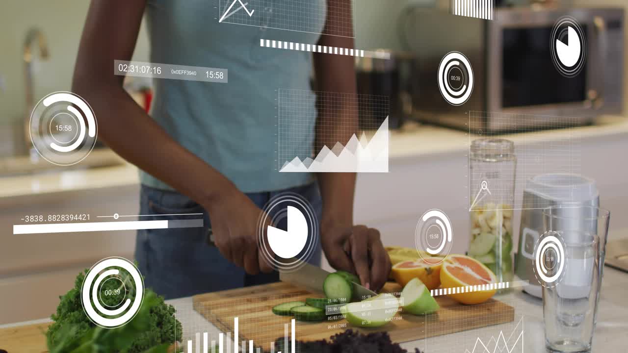 Woman aligning chef's knife with cucumber on board, slicing while tracking digital nutrition charts