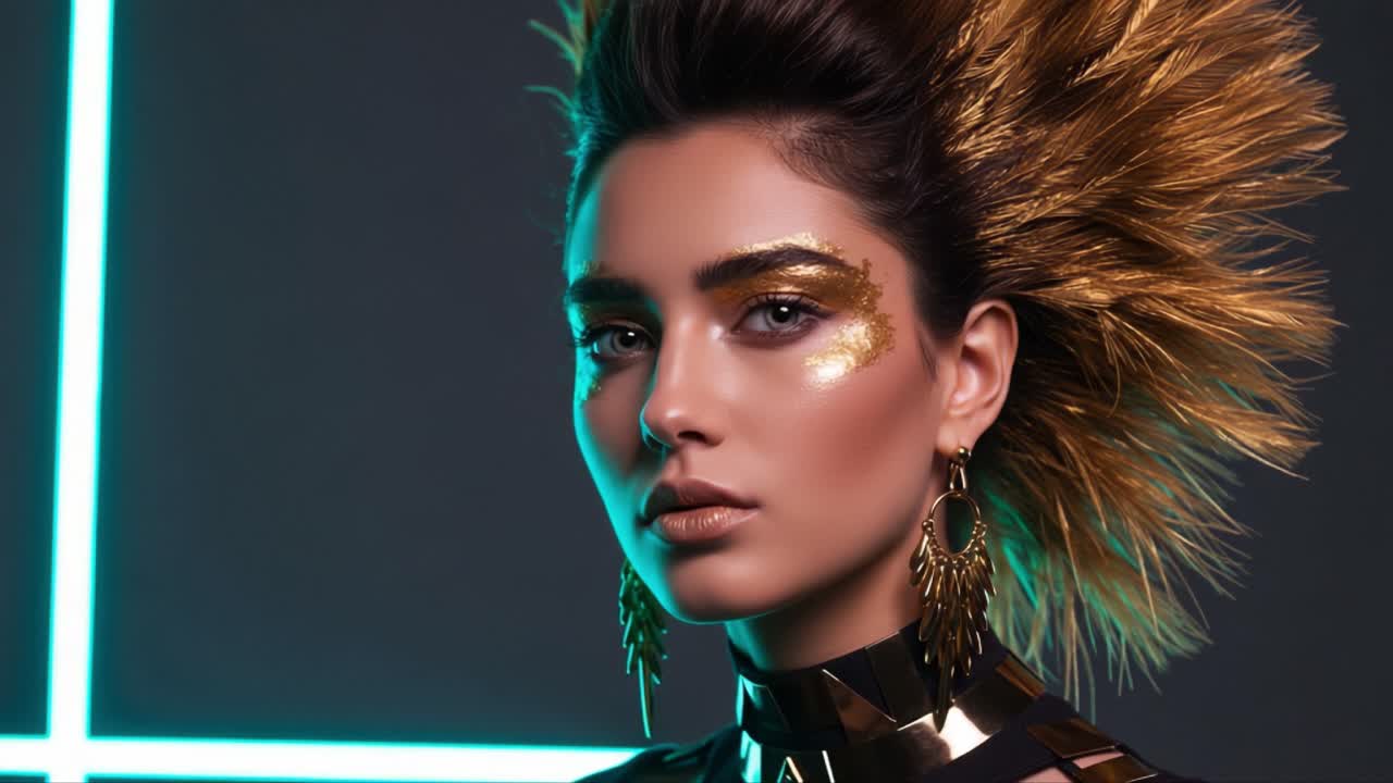 Stunning Model with Bold Hairstyle and Glittering Makeup Showcasing a Unique Fusion of Fashion and Art in a Striking Studio Environment