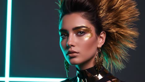 stunning model with bold hairstyle and glittering makeup showcasing a unique fusion of fashion and art in a striking studio environment