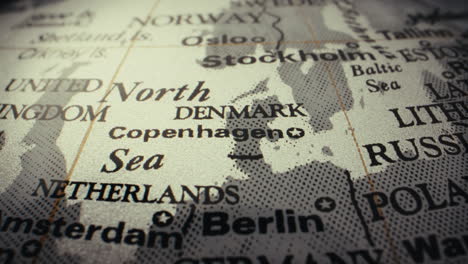 close-up of a vintage world map, focused on denmark and copenhagen.