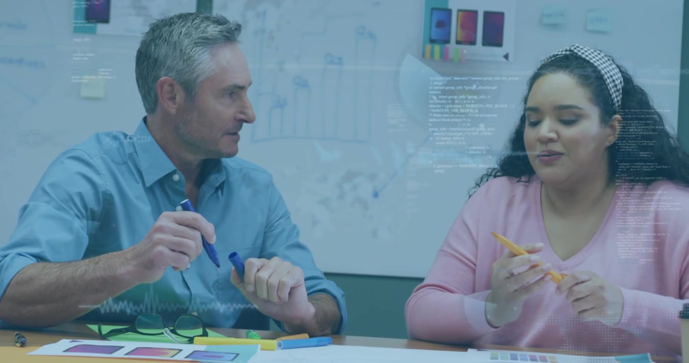 Animation of data processing over diverse business people in office