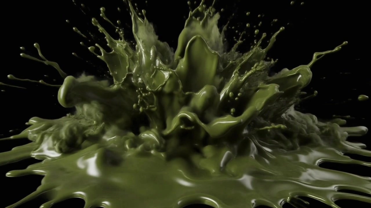 Green Liquid Splashing and Exploding on Black Background