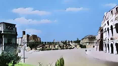 present and past of colosseum square of rome in italy, cartoon animation reconstruction