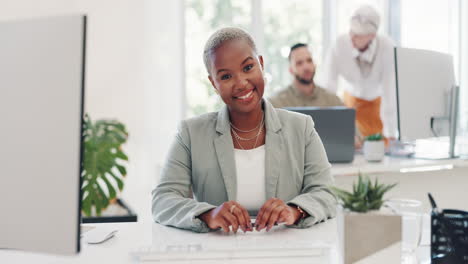 success, business and face of black woman at desk