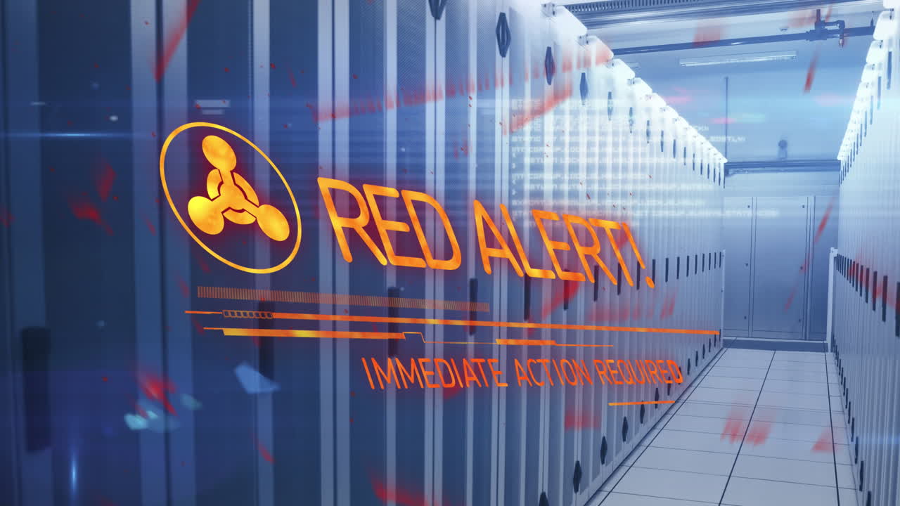 Animation of red alert text and symbol over server room